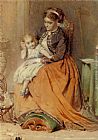 A girl listening to the ticking of a pocket watch while sitting on her mothers lap by George Elgar Hicks
